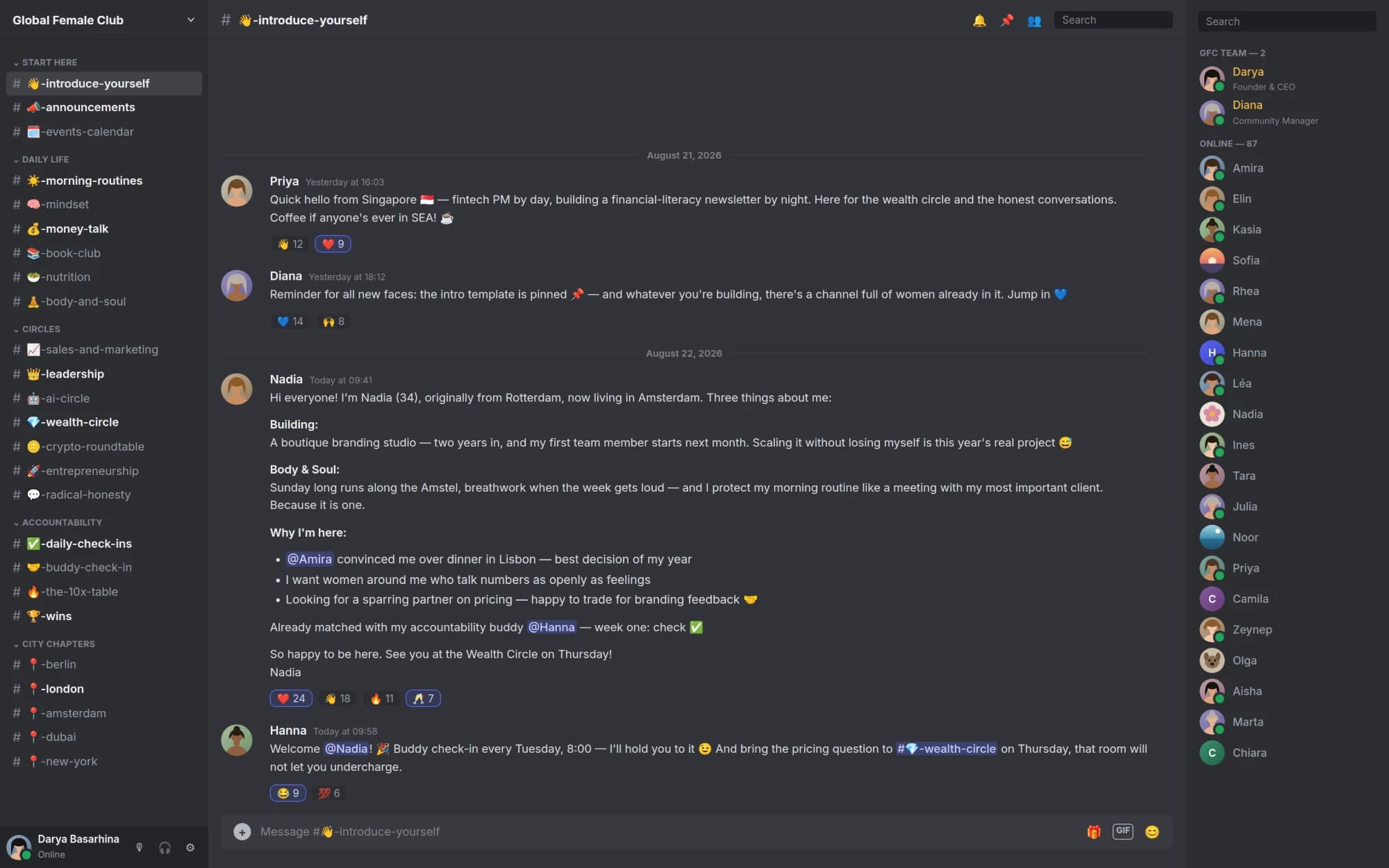 Inside the Global Female Club Discord — channels, circles and accountability check-ins