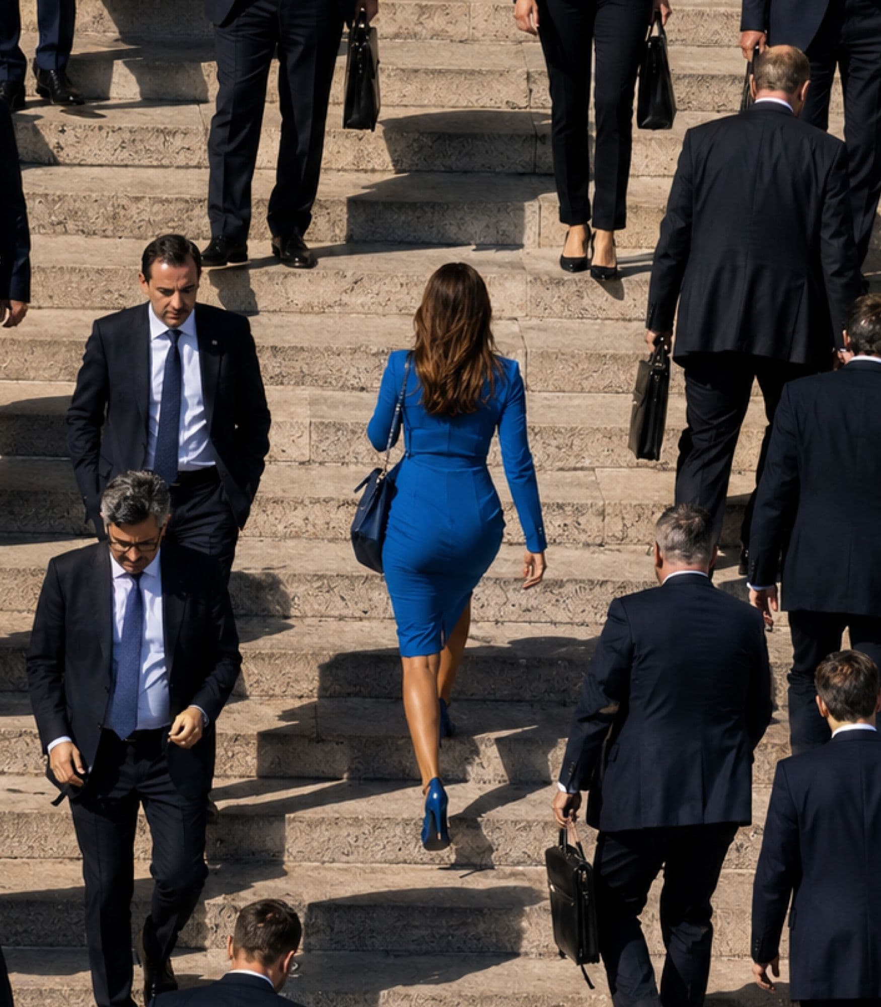 A woman in a blue dress standing out on a staircase full of besuited men