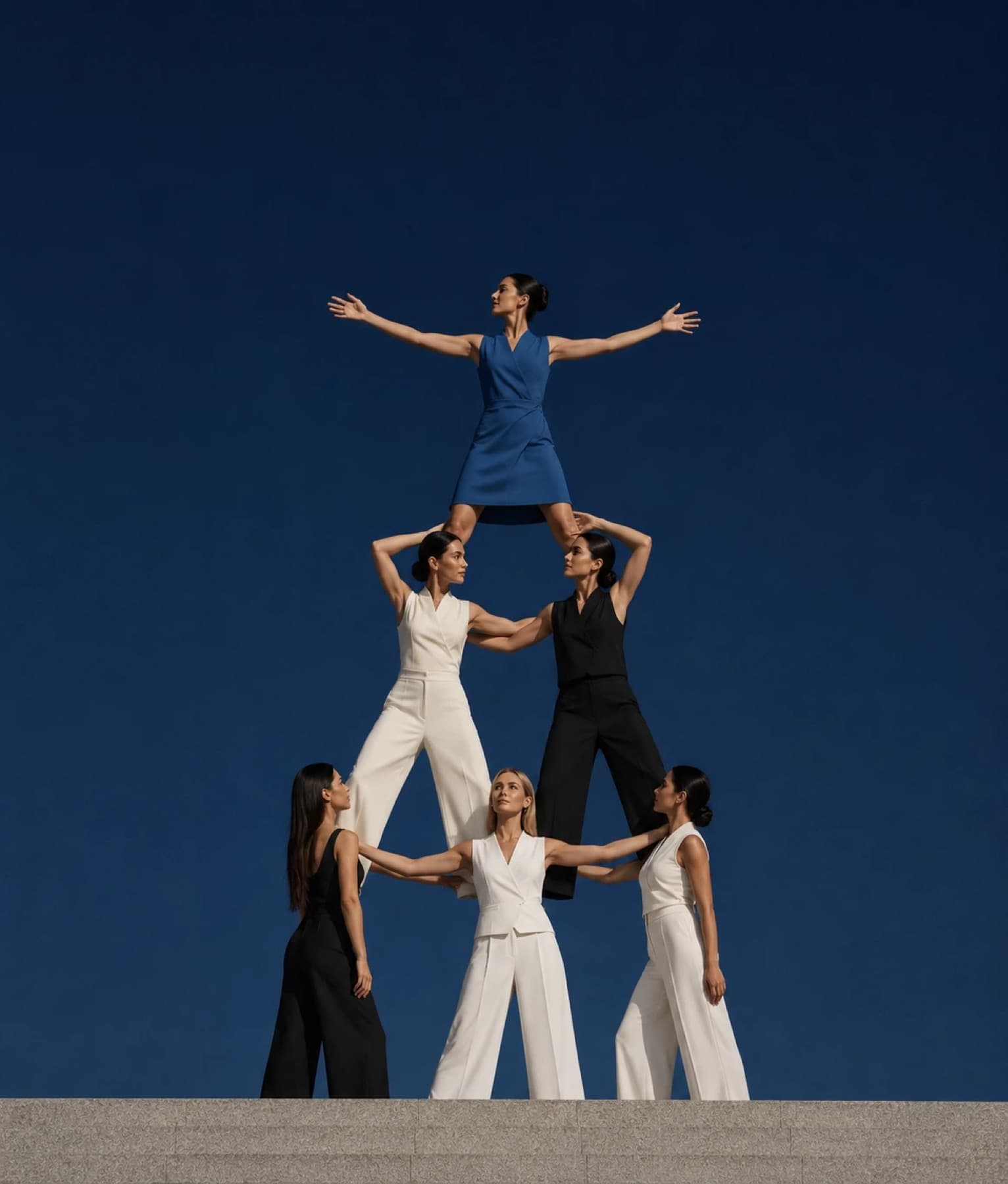 A human pyramid, built deliberately, one person lifting another