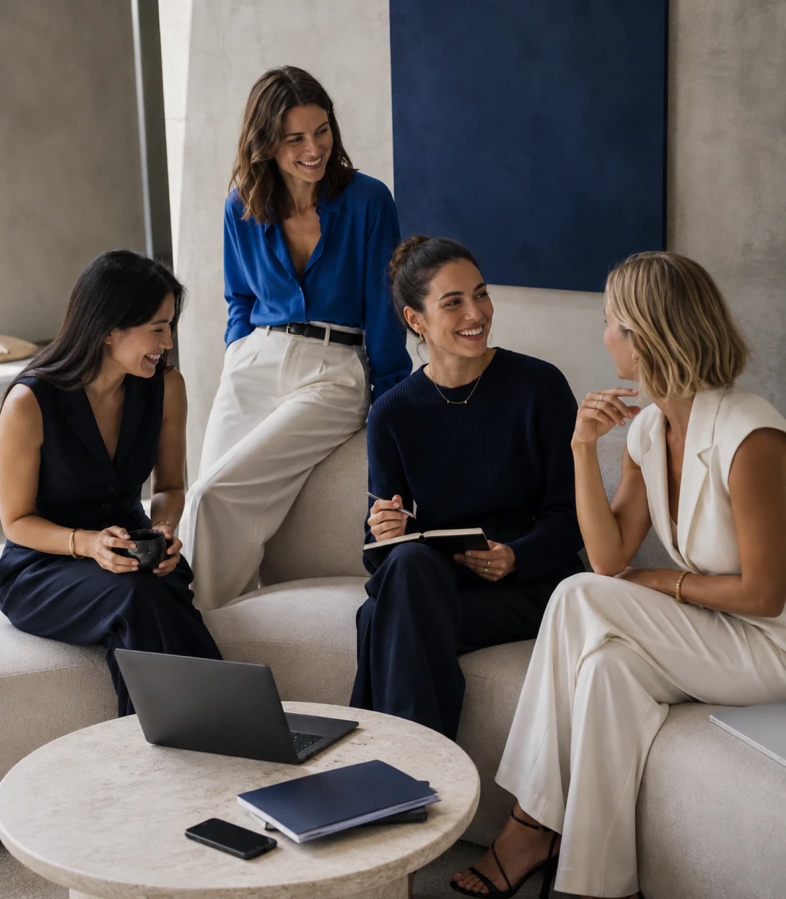Four women laughing together over notebooks and a laptop