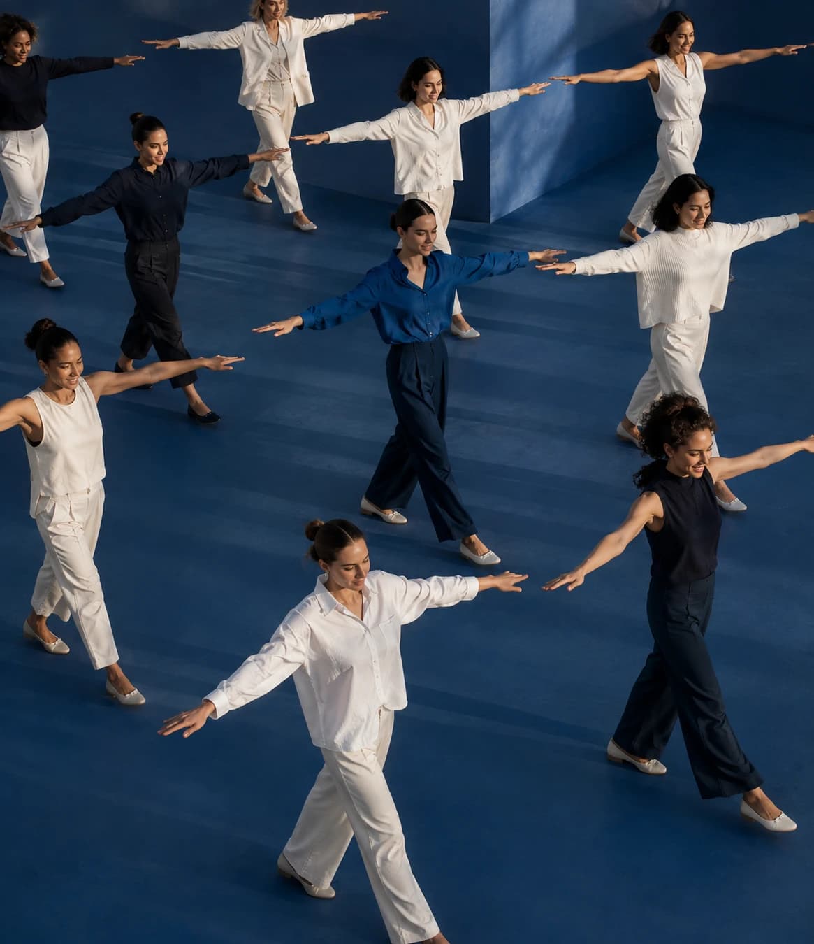 A group of women in a synchronized formation, each reaching out a hand to the next